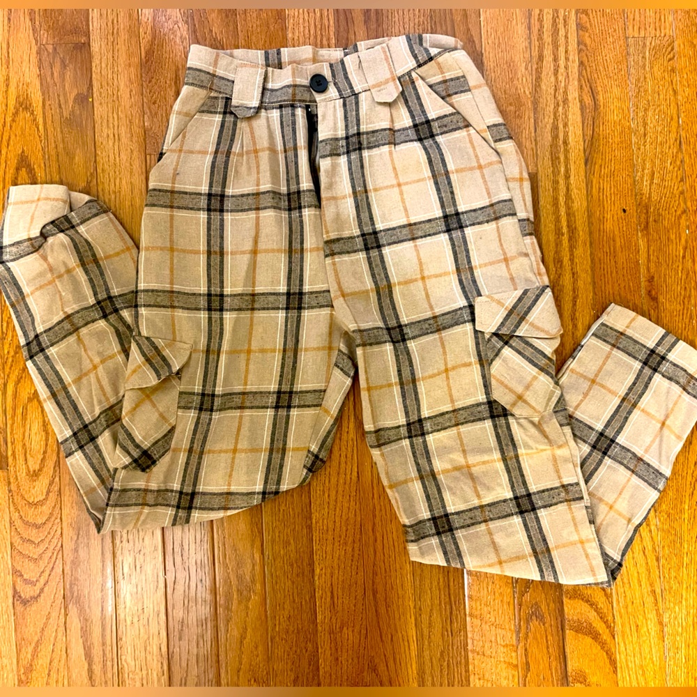 Fall flannel type pattern pants. Brown and khaki